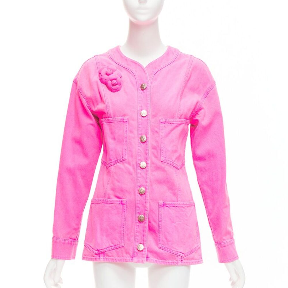 Chanel Neon Pink Denim Logo Jacket